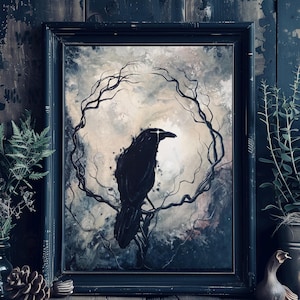 Seeker of Starlight - Shadowy Art Print - Dark Gothic Crow in Ring of Branches