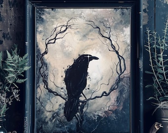 Seeker of Starlight - Shadowy Art Print - Dark Gothic Crow in Ring of Branches