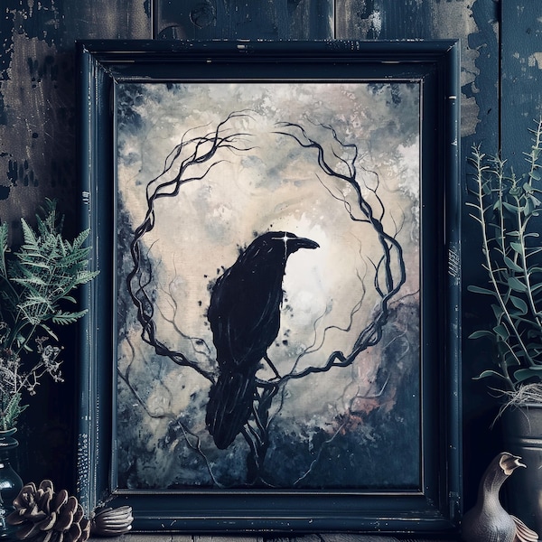 Buscador de la luz de las estrellas - Lámina artística sombría - Cuervo gótico oscuro en un círculo de ramas