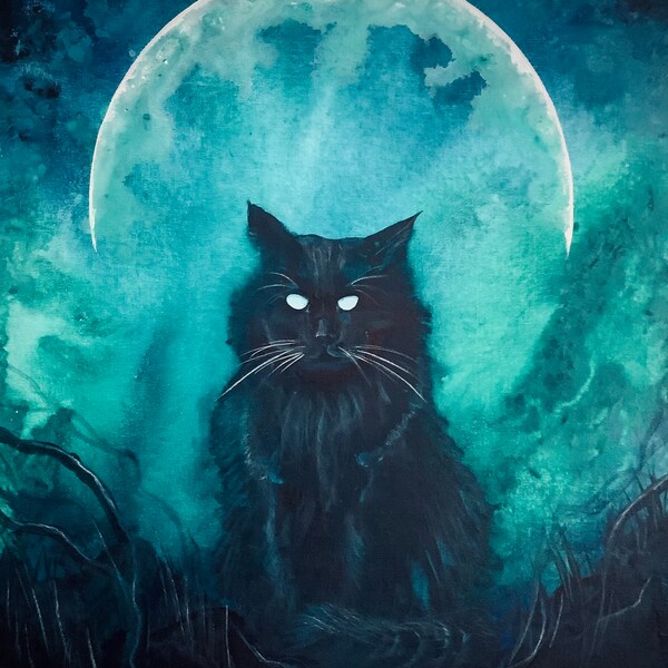 Moon King - Lustrous Art Print - Haunting Longhaired Cat under Crescent Moon in Shadowy Surreal Landscape