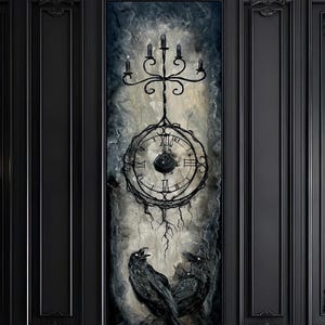 May include: A dark, gothic-style painting featuring a black candelabra above a clock face with Roman numerals. Two black ravens are positioned below the clock. The artwork is set against a textured, abstract background.
