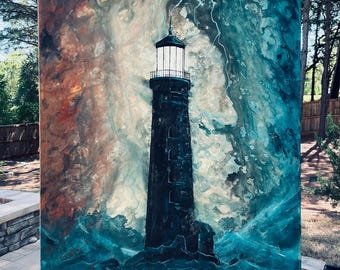 The Tower - Huge Original Canvas Painting - Dark Lighthouse at Sea Struck by Lightning