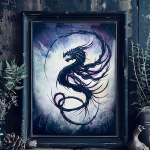 Shadowthorn - Shadowy Art Print - Dark Dragon Serpent Flying & Coiled in Surreal Background