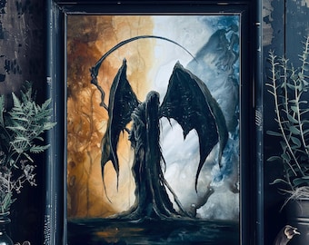 Scythe of the Styx - Dark Art Print - Winged Grim Reaper Lurks in Dark Landscape