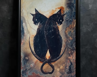 Shadow Siblings - Moody Art Print - Twin Mirror Image Cats in Surreal Crescent Moon