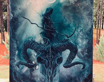 Deathly Dreaming - Original Canvas Painting - Grim Reaper on Huge Skull in Dark Surreal Landscape