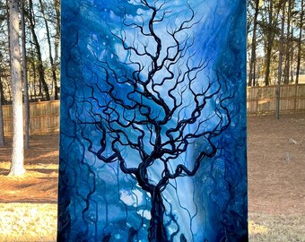 Tree of Twilight - Huge Original Canvas Painting - Ancient Tree Rising into Moody Surreal Landscape