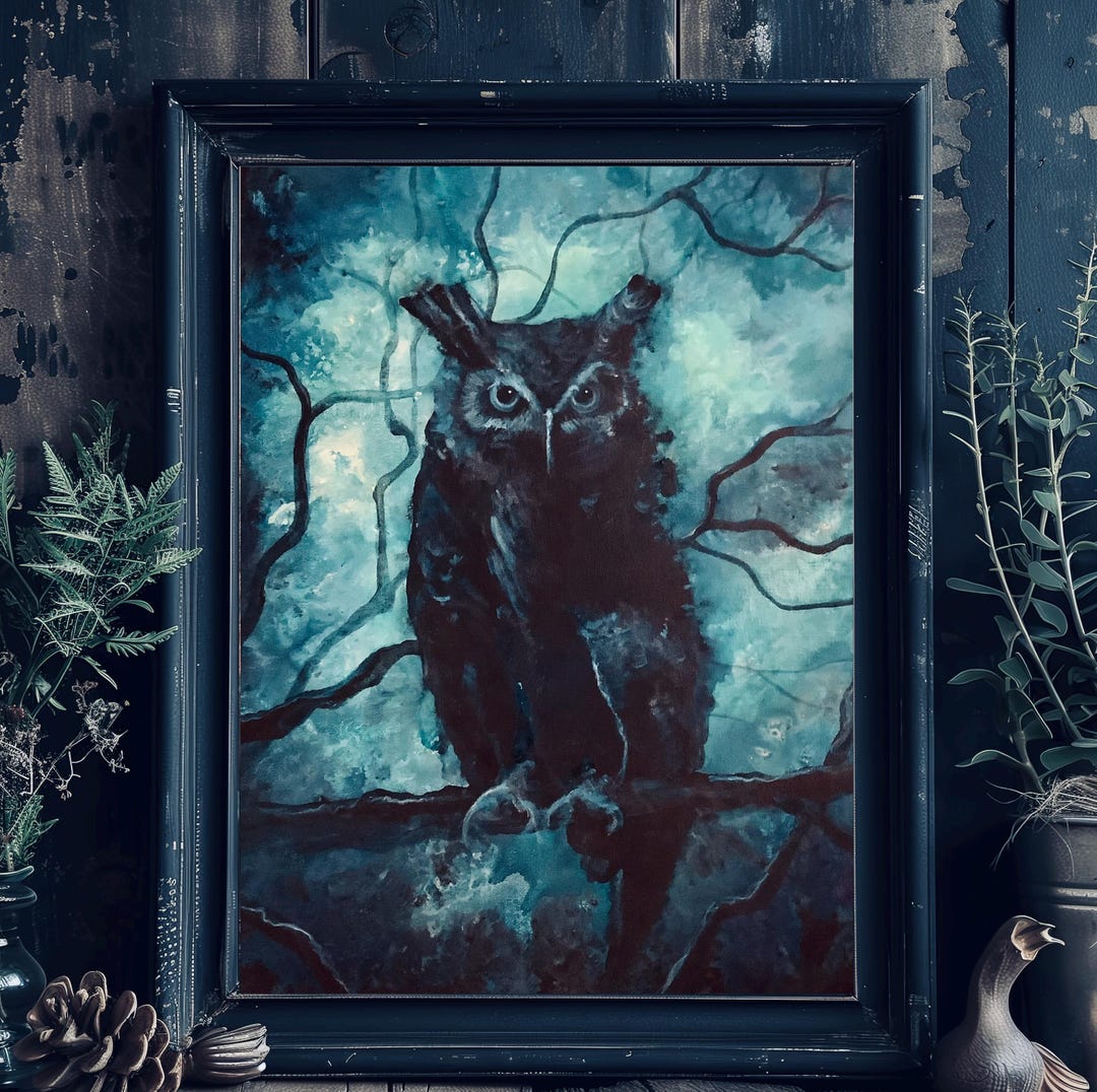 Queen of Dusk - Shadowy Art Print - Dark Owl at Twilight on Blue Moonlit  Tree Branch - Etsy, image size:1080x1076