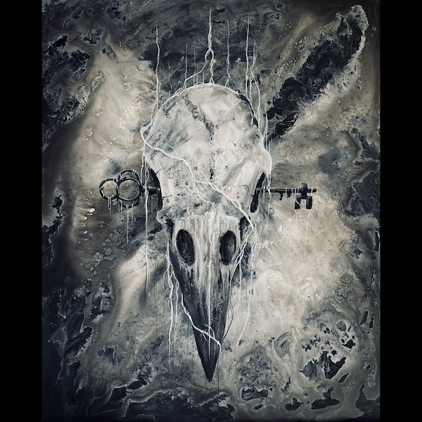 Mortalis - Lustrous Art Print - Raven Skull Swathed in Pale Vines with Medieval Key in Eyes