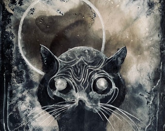 Cabal - Lustrous Art Print - Haunting Giger Style Biomechanical Black Cat with Surreal Moon Ring