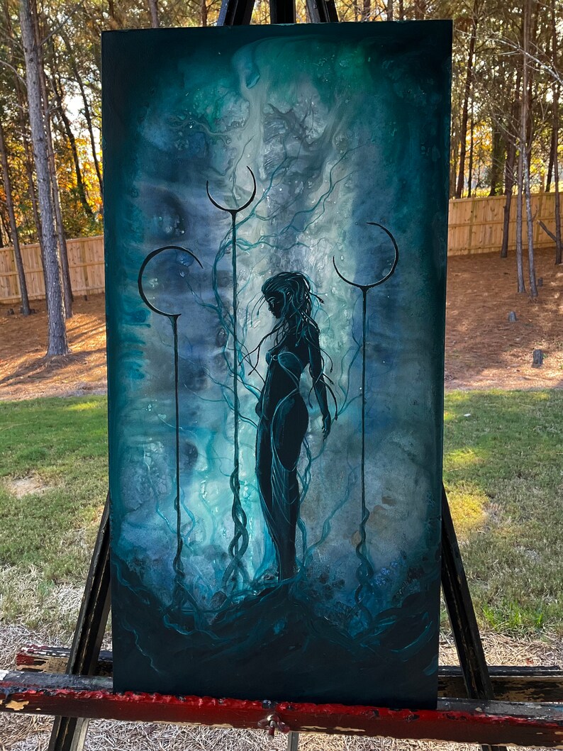 Unloved - Dark Art Wall Print - Gloomy Sad Medusa Goddess Weeps atop Moon Pillars image 3