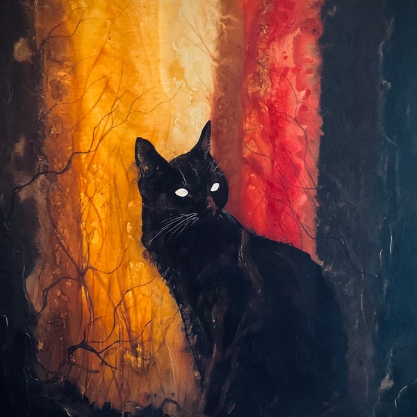 No Fire Can Burn Me - Lustrous Art Print - Dark Haunted Black Cat Sitting Amid Fiery Red and Gold Surreal Landscape