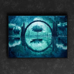 Mirror of Ourselves - Lustrous Art Print - Dark Bridge over Deep Green Calm Reflective Water & Summer Trees