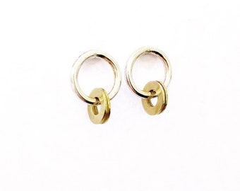 Modern silver & brass circle hoops stud earrings