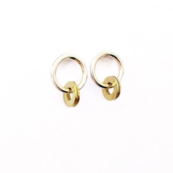 Modern silver & brass circle hoops stud earrings