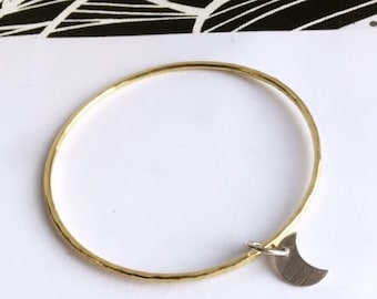 Hammered brass bangle with silver moon