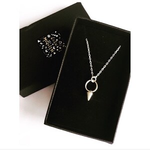 May include: A silver necklace with a pointed pendant and a small ring. The necklace is in a black box with the text "Lulu McQueen" on the lid.