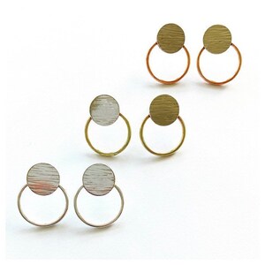 Modern small silver & brass stud hoops image 9