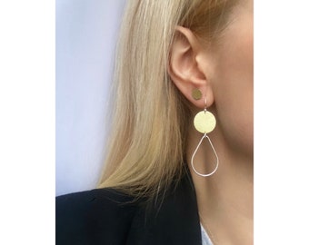 Modern silver & brass drop earrings