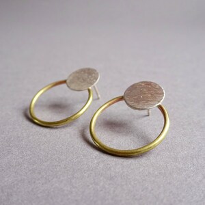 Modern small silver & brass stud hoops image 5