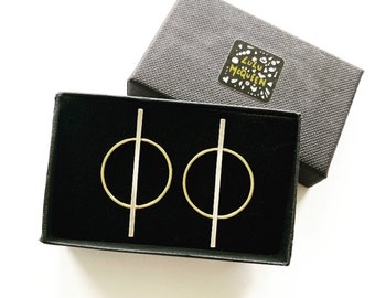 Minimalist silver & brass circle geometric drop earrings