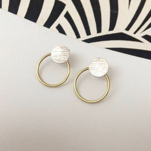 Modern small silver & brass stud hoops image 8