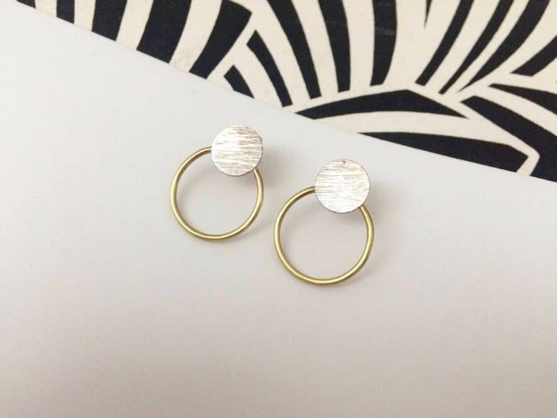 Modern small silver & brass stud hoops image 8