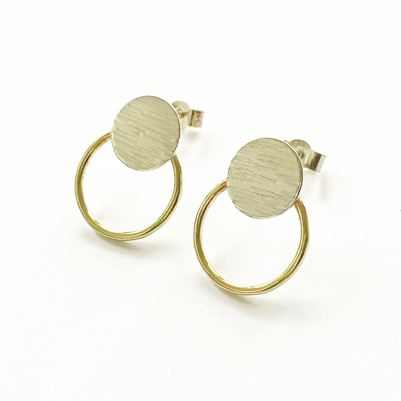 Modern small silver & brass stud hoops image 6