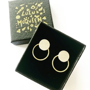 Modern small silver & brass stud hoops image 7