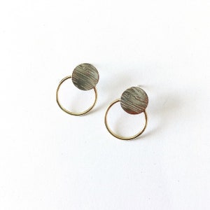 Modern small silver & brass stud hoops image 4