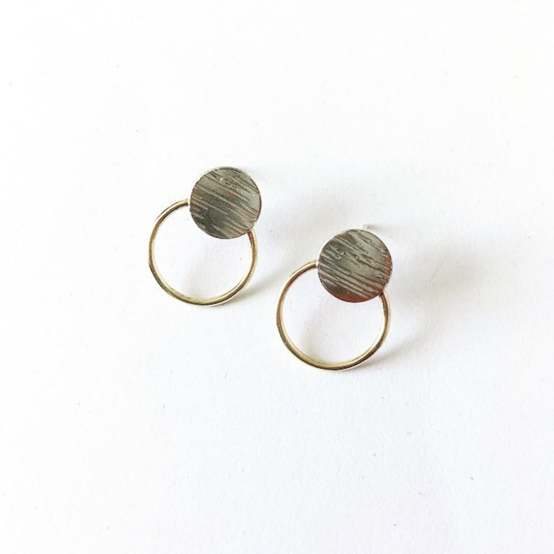 Modern small silver & brass stud hoops image 4