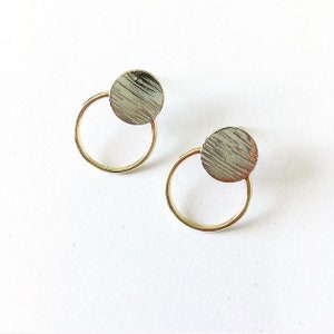 Modern small silver & brass stud hoops image 1