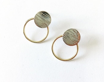 Modern small silver & brass stud hoops