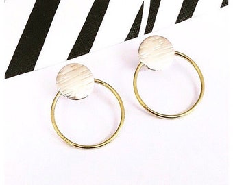 Modern geometric silver disc brass hoop earrings