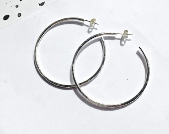 Medium hammered silver hoops