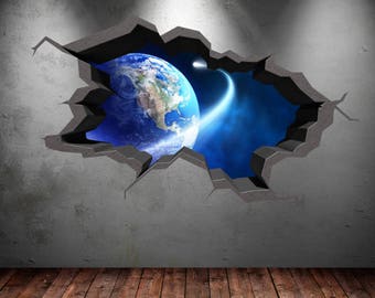 Earth Wall Decal, 3D Wall Mural, Broken Wall Decal, Planet Wall Sticker, Space Room Decor, Vinyl Wall Sticker, Removable Galaxy Decal