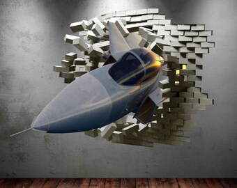 Vinilo decorativo de avión de combate: efecto de pared agrietada, pegatina de avión 3D (122 cm)