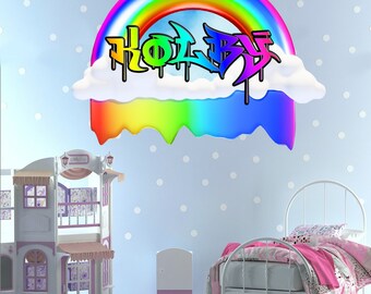 Calcomanía de pared con nombre de grafiti personalizable de arcoíris: decoración infantil personalizada