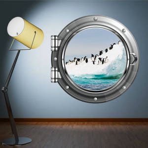 PENGUIN VINYL DECAL, Penguin Wall Décor, Arctic Ice Mural, Porthole Wall Decal, Wild Animal Sticker, Hole Penguin Decal