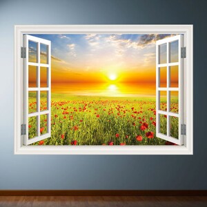 NATURE WINDOW DECAL, Wall Decal Mural, Field Wall Decal, Poppy Wall Decal, Nature Room Décor, Sunrise Wall Mural image 1