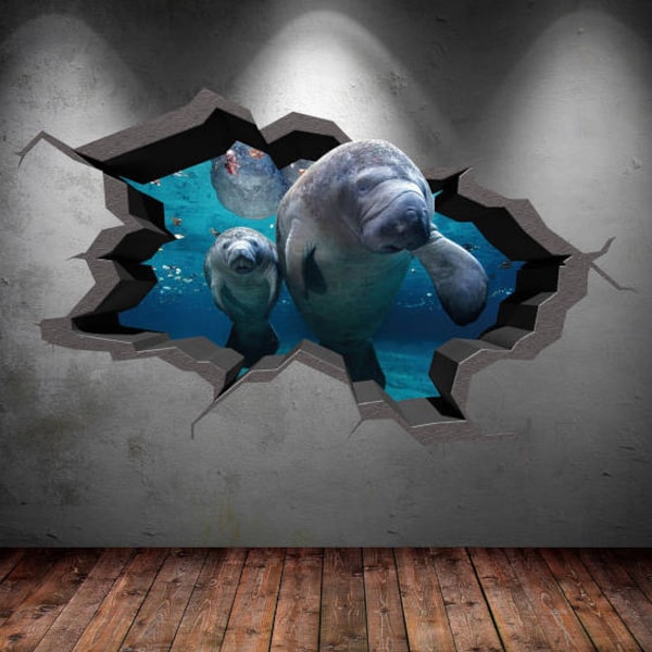 Manatee Wall Decal, Fish Wall Decal, Sea Life Wall Decals, Florida Wall Decal, 3D Wall Art, Kids Room Decor, Vinyl Wall Sticker