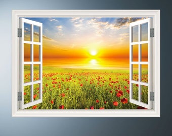 NATURE WINDOW DECAL, Wall Decal Mural, Field Wall Decal, Poppy Wall Decal, Nature Room Décor, Sunrise Wall Mural