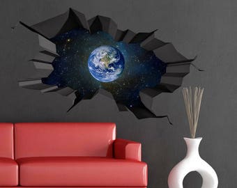 EARTH WALL STICKER, Space Wall Mural,Earth Space Wall Mural, Cracked Wall Decal, Universe Wall Decal, 3d Vinyl Sticker