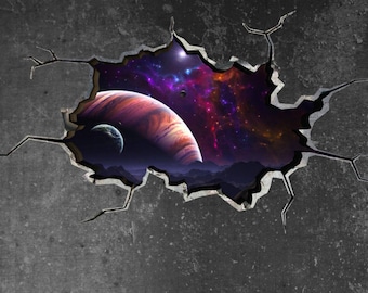 3D Jupiter Wall Decal: Galaxy Cracked Wall Mural