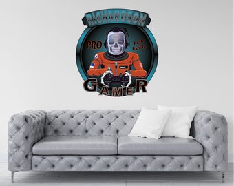 Calcomanía de pared de jugador con calavera espacial y nombre personalizado: vinilo impermeable