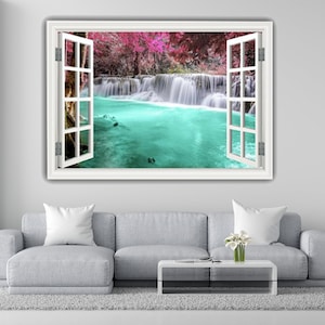 Tranquil Waterfall Window Frame Wall Decal - Nature-Inspired Vinyl Wall Art - Serene Home & Office Decor