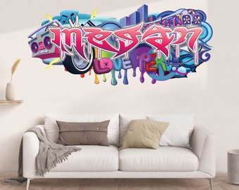 Calcomanía de pared con nombre de grafiti personalizado: decoración para habitación infantil, mural artístico para adolescentes