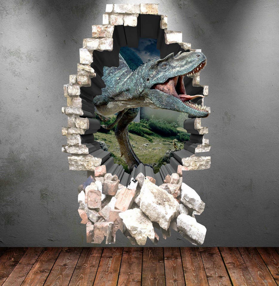 T-Rex Dinosaur Jumping out of wall. 3D Graphic Wall Decal Sticker. Pee –  StickerBrand