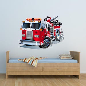 Fire Truck 3D Wall Decal - Fire Engine Firefighting Room Decor - Truck Vinyl Wall Mural for Bedroom