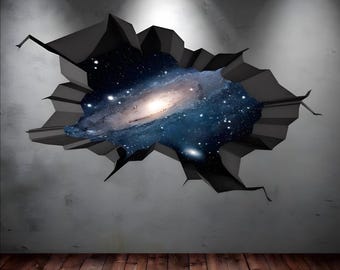 3D Galaxy Wall Decal: Cracked Wall Mural, Space Room Decor
